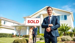 Real Estate agent proudly presenting a sold sign outside a modern home, with satisfied clients.