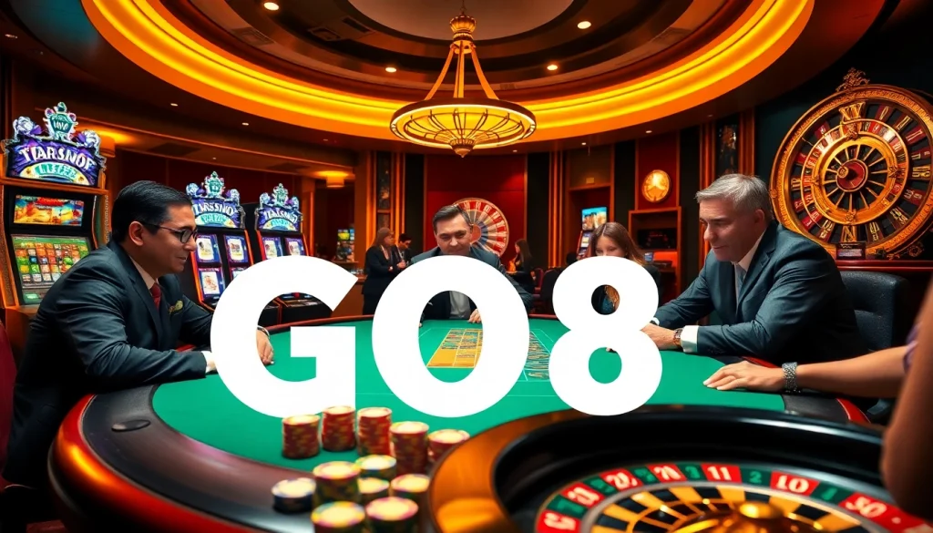 Engaging players at a GO8 casino table with vibrant poker chips and lively atmosphere.