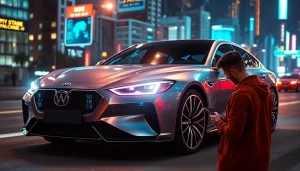 Shield against car hacking with insights from https://car-hack-world.com in a dramatic urban setting.