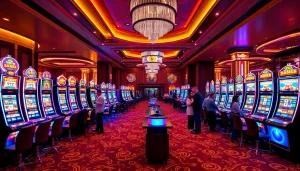 Exciting toto slot machines in a luxurious casino ambiance with vibrant colors.