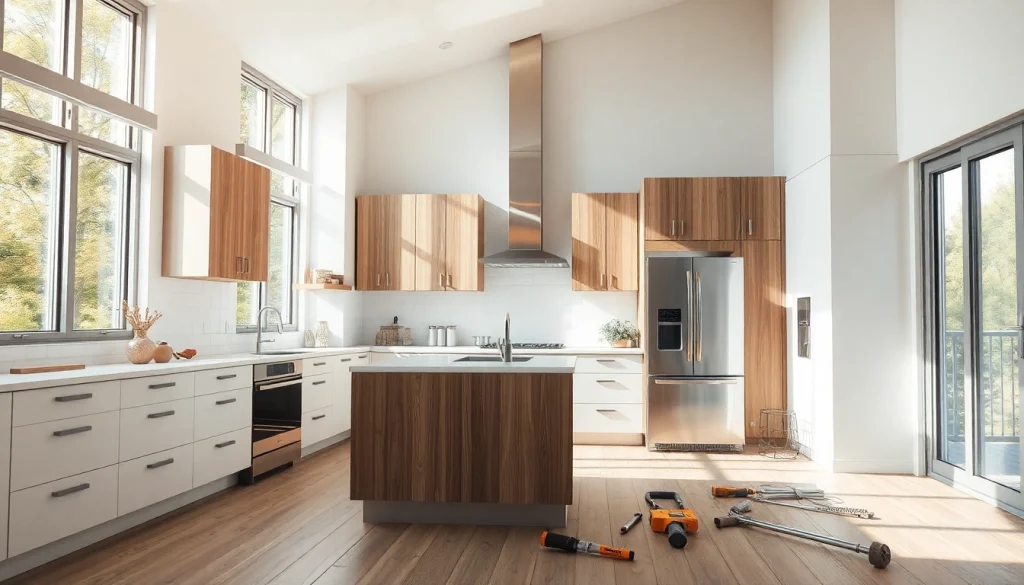 Showcasing a modern kitchen in the midst of home renovation, highlighting design and transformation.