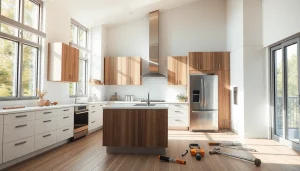 Showcasing a modern kitchen in the midst of home renovation, highlighting design and transformation.