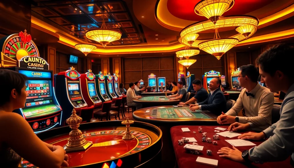 Experience the excitement of ib88 casino with players enjoying roulette and slot machines in a vibrant, luxurious setting.