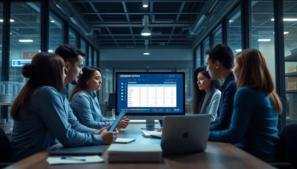 Amazon repricing tool interface displayed by a diverse team of FBA sellers analyzing inventory.