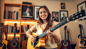 Guitarist showcasing skills on https://guitarlessons.co.uk in a vibrant music studio.