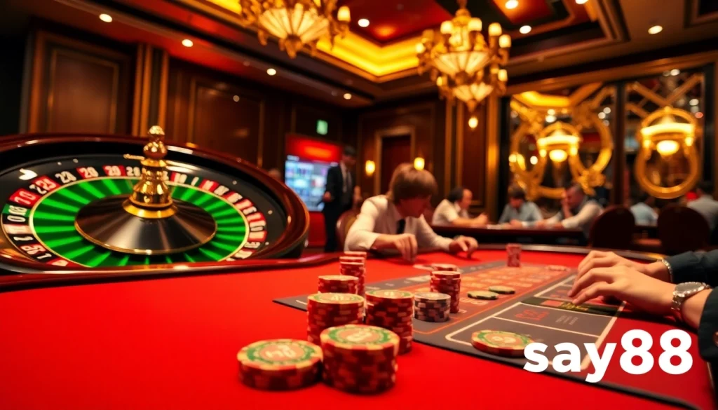 Experience the excitement of say88 with players at a poker table and a spinning roulette wheel.