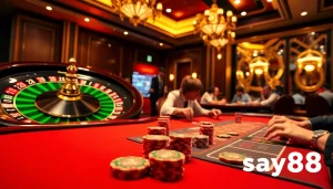 Experience the excitement of say88 with players at a poker table and a spinning roulette wheel.