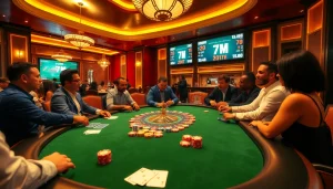 Players strategizing at a 7m poker table in a vibrant casino atmosphere.