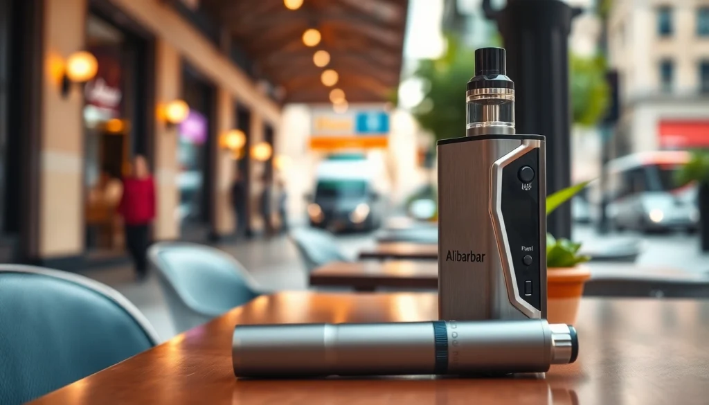 Showcasing Alibarbar vape device on a stylish café table in a modern urban setting.
