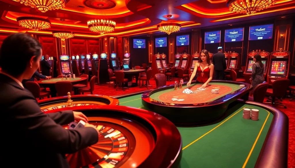 Gambling scene featuring Nhà Cái THABET with players at a roulette table in a luxurious casino atmosphere.