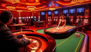 Gambling scene featuring Nhà Cái THABET with players at a roulette table in a luxurious casino atmosphere.