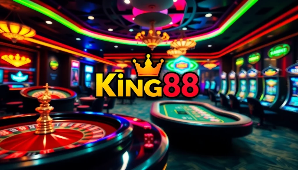 Experience the excitement of King88 with vibrant casino elements showcasing roulette, poker, and slots.