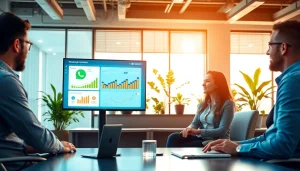 Understanding What is a CRM for WhatsApp with a team discussing CRM analytics in an office.