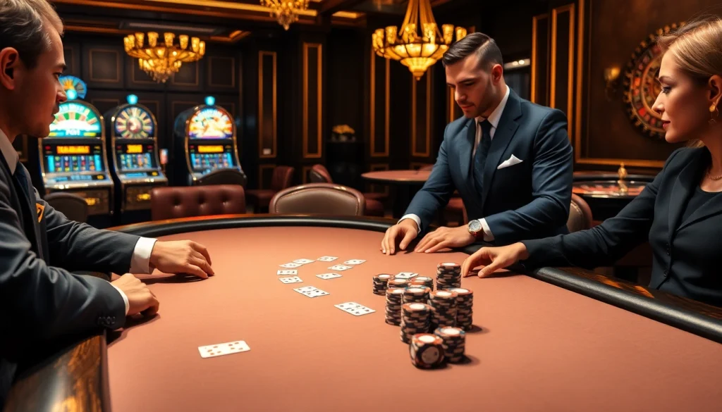 Players engaging in a thrilling poker game at DR88 nhà cái uy tín, showcasing excitement and strategy.