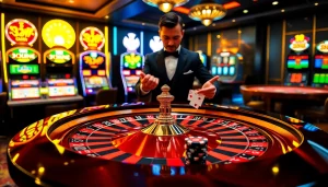 32WIN players engaging at a luxurious casino table with poker chips and cards.