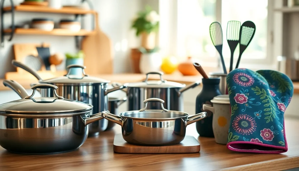 Explore kitchenware gift ideas NZ featuring stylish cookware and vibrant utensils on a bright countertop.