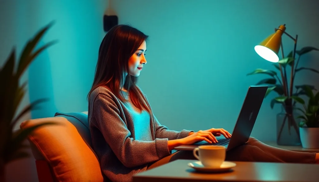 Generando ingresos pasivos online con una laptop en un ambiente acogedor.