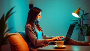 Generando ingresos pasivos online con una laptop en un ambiente acogedor.