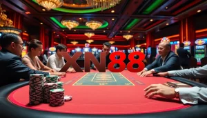 Experience thrilling gameplay at XN88's premium poker table with vibrant chips and cards.