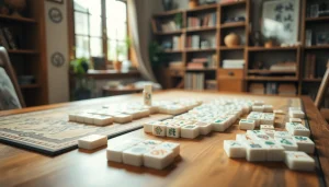 Permainan mahjong yang menarik dengan ubin berwarna di atas meja kayu yang nyaman.