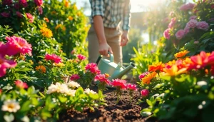 Gardening tips with blooming flowers and tools in a vibrant garden setting.