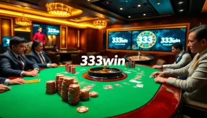 Exciting gamblers at nhà cái 33win engaging in a high-stakes poker game with vibrant chips and cards.