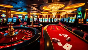 Experience the excitement of gambling at RR88's luxurious casino environment with vibrant tables.