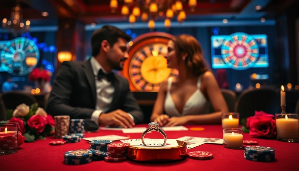 Romantic proposal at a casino, featuring a beautiful engagement ring surrounded by poker chips.