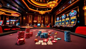 A player at a KJC-styled casino poker table enthusiastically engaging with vibrant chips and cards.