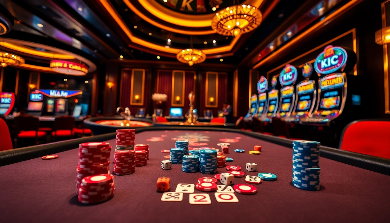 A player at a KJC-styled casino poker table enthusiastically engaging with vibrant chips and cards.