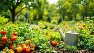 Gardening with vibrant vegetables and lush plants in a sunlit garden setting.