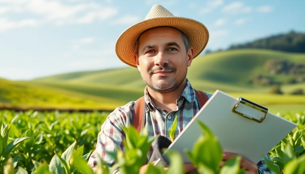 Illustration of agricultural law in practice with a farmer in a green field examining legal documents.