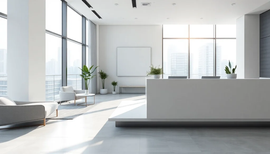 Real Estate modern office interior showcasing sleek design and welcoming atmosphere.