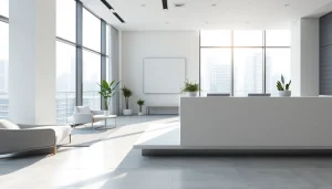 Real Estate modern office interior showcasing sleek design and welcoming atmosphere.