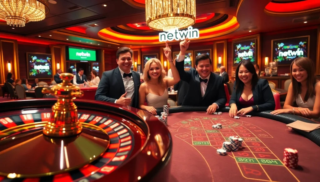 Excited players celebrating wins at the Netwin casino table, featuring roulette and poker chips.