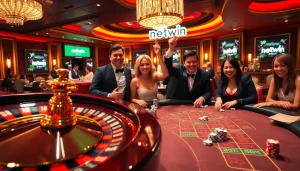 Excited players celebrating wins at the Netwin casino table, featuring roulette and poker chips.