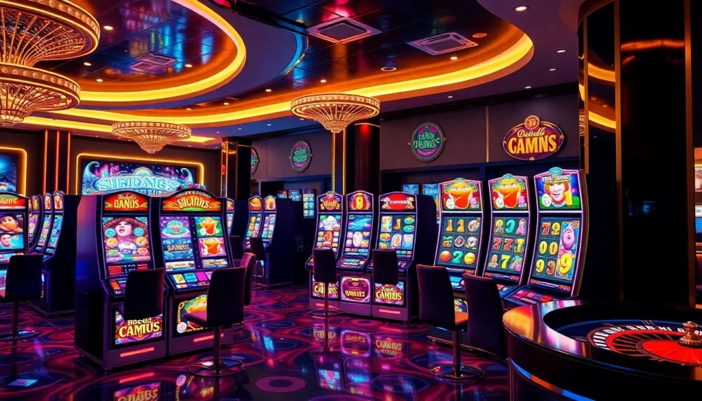 Exciting online 슬롯 machines in a modern casino setting, showcasing vibrant graphics and a rich gaming atmosphere.