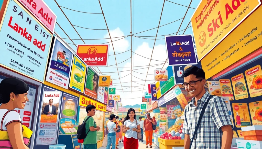 Lanka Add marketplace scene with vibrant ads, community interaction in Sri Lanka.