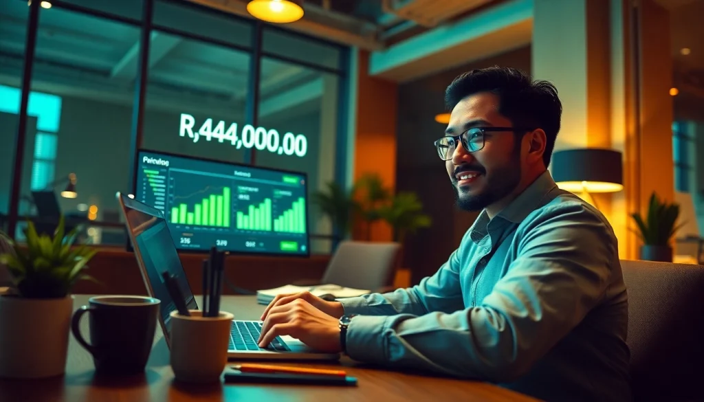 Successful financial scene displaying BOX138 withdrawal of Rp 2.424.000,00 in a modern office.