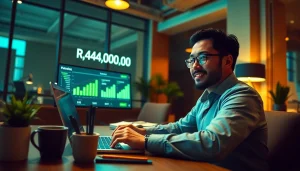 Successful financial scene displaying BOX138 withdrawal of Rp 2.424.000,00 in a modern office.