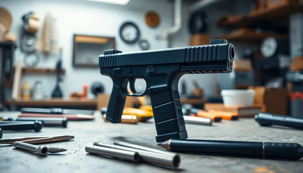 Assembling a polymer 80 glock 19 on a workbench with tools and detailed frame.
