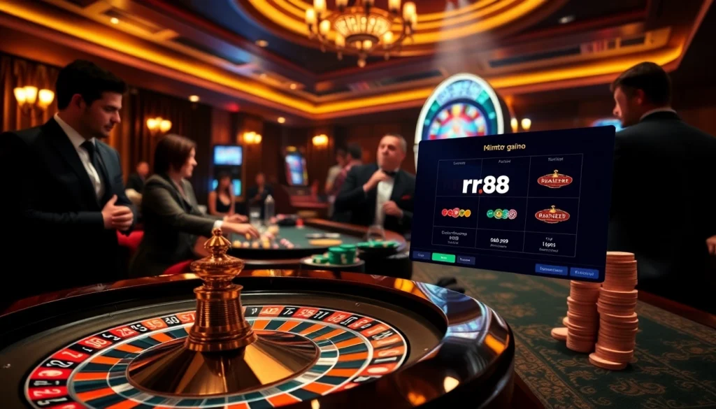 High-stakes gambling experience at rr88 with roulette wheel and vibrant slot machine.
