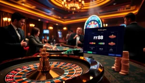 High-stakes gambling experience at rr88 with roulette wheel and vibrant slot machine.