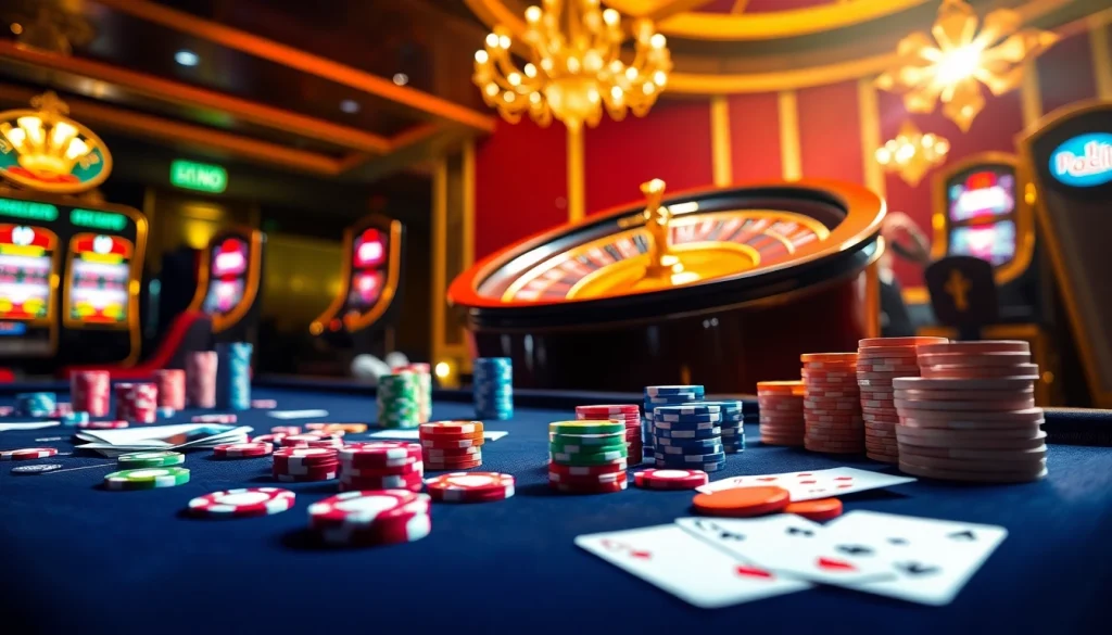 Players enjoying thrilling games at Babu88.global's vibrant casino atmosphere, showcasing poker and roulette.