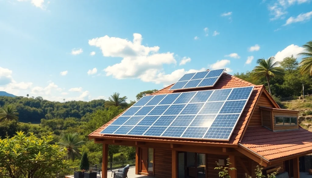 Off grid home solar system with solar panels on a picturesque home, symbolizing energy independence.