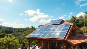 Off grid home solar system with solar panels on a picturesque home, symbolizing energy independence.