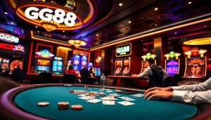 Players engaging in a thrilling poker match at GG88, illuminated by elegant casino lights.