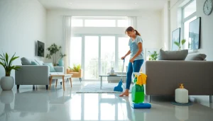 Clean living room showcasing a professional cleaning service with sparkling furniture and eco-friendly products.