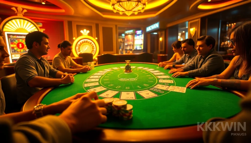 Players at a poker table enjoying the excitement of gambling at https://kkwin.diy/, showcasing luxury and thrill.