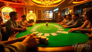 Players at a poker table enjoying the excitement of gambling at https://kkwin.diy/, showcasing luxury and thrill.